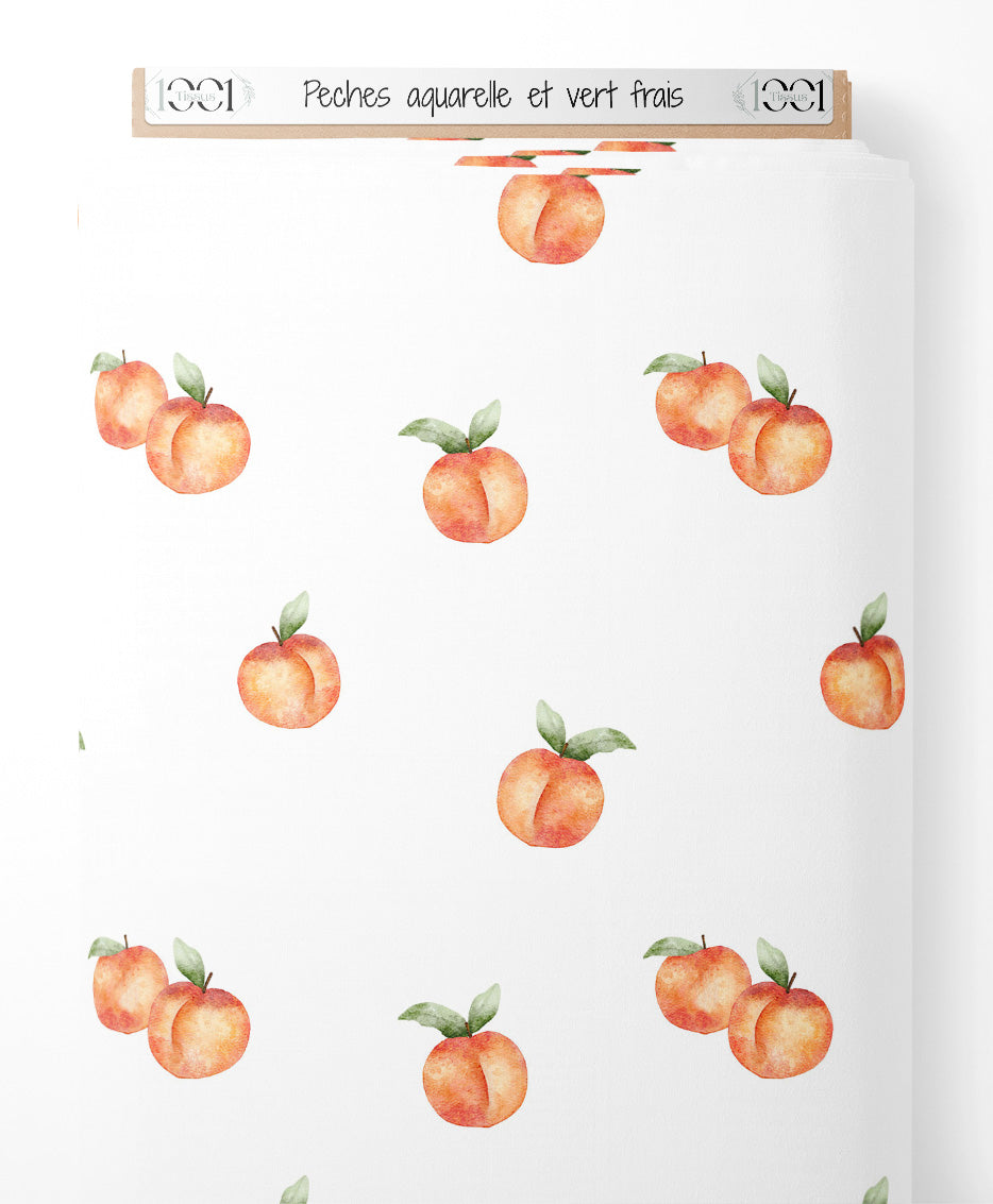 Tissu - Pêches aquarelle et vert frais