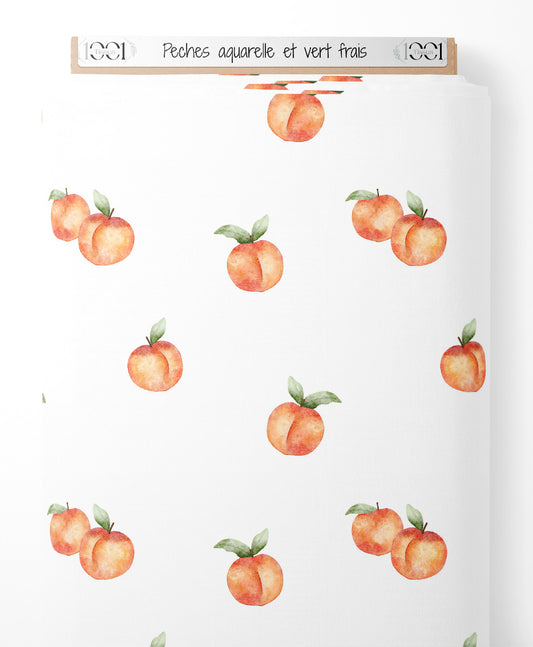 Tissu - Pêches aquarelle et vert frais