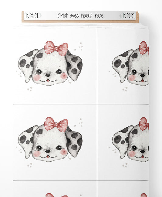 Tissu - Chiot avec nœud rose
