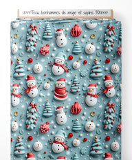 Tissu - bonhommes de neige et sapins 3D