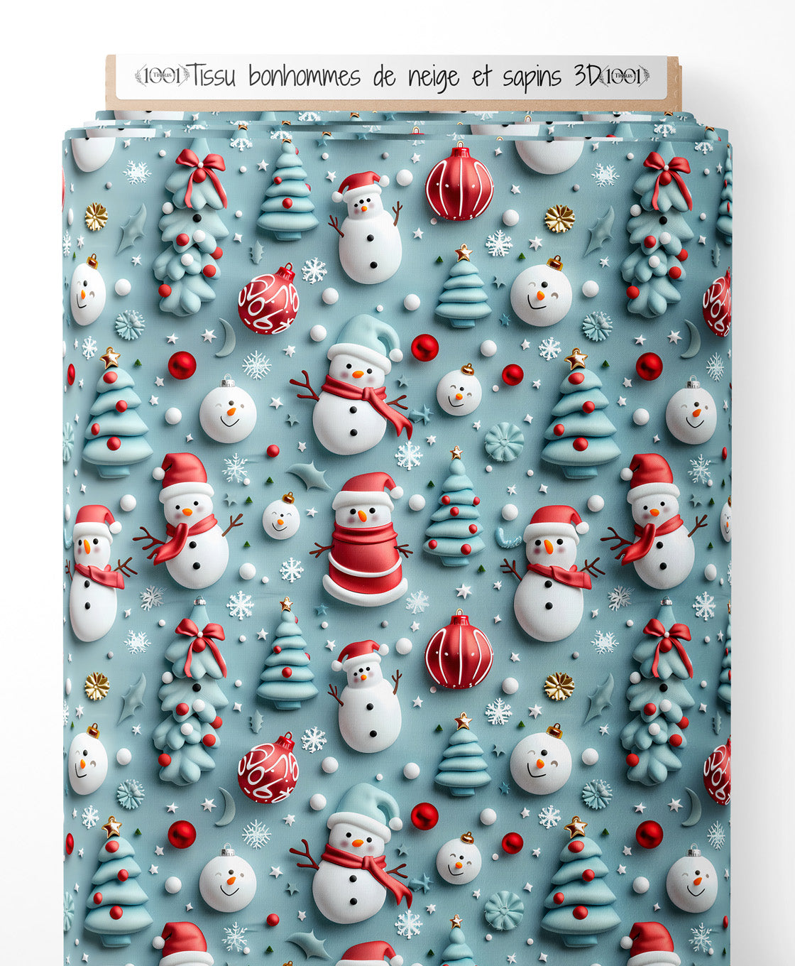 Tissu - bonhommes de neige et sapins 3D