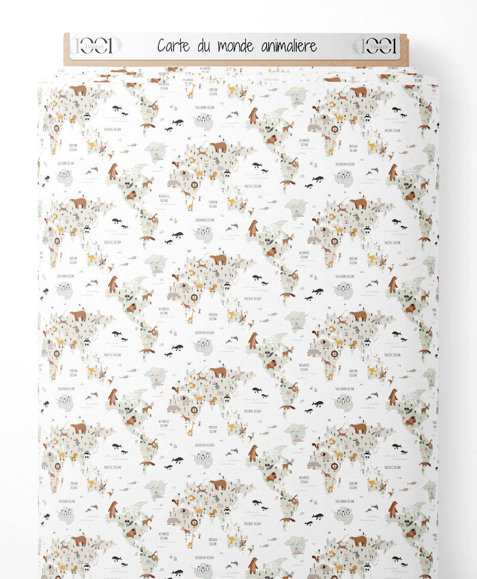 Tissu - Carte du monde animalière