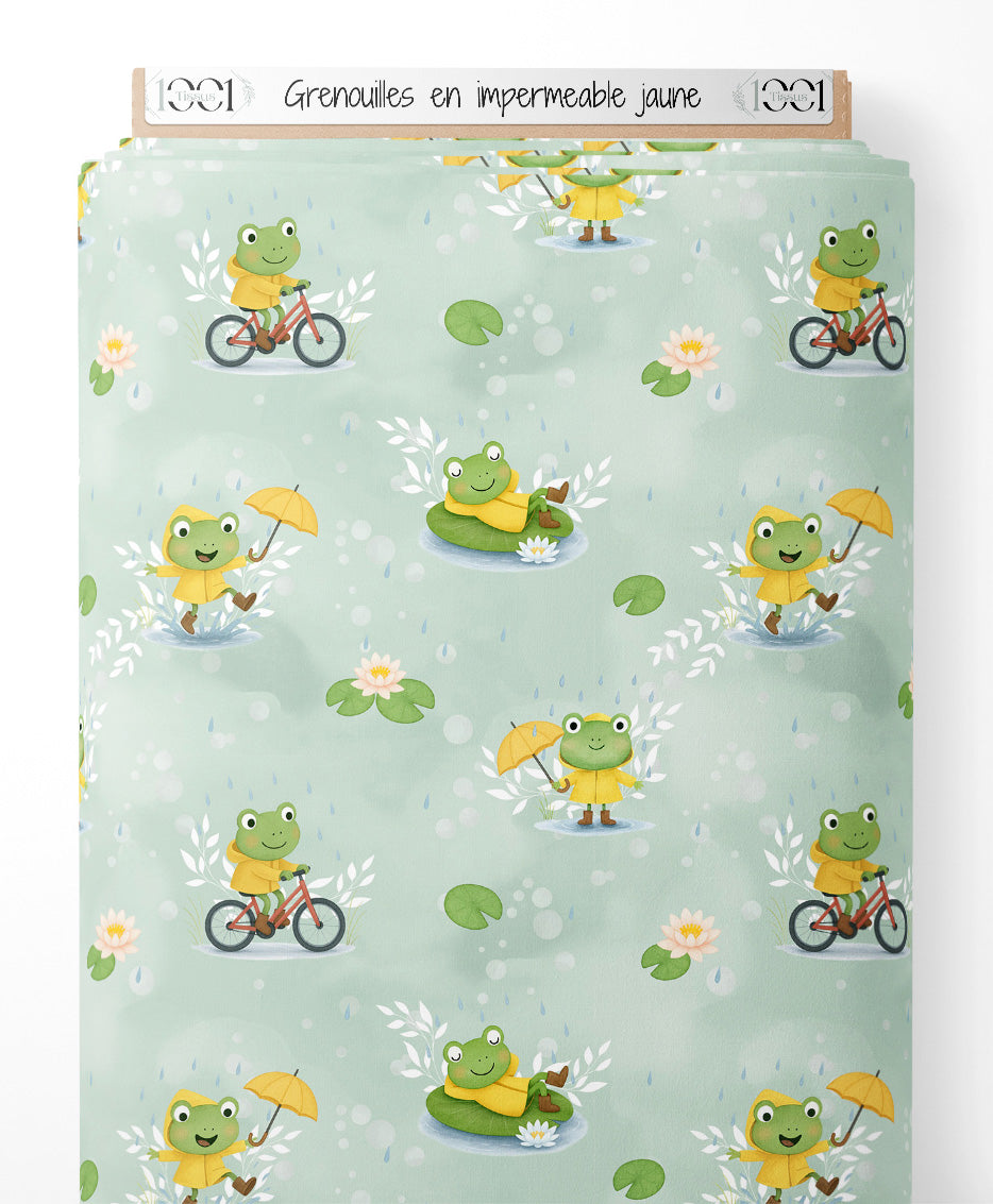 Tissu - Grenouilles en imperméable jaune