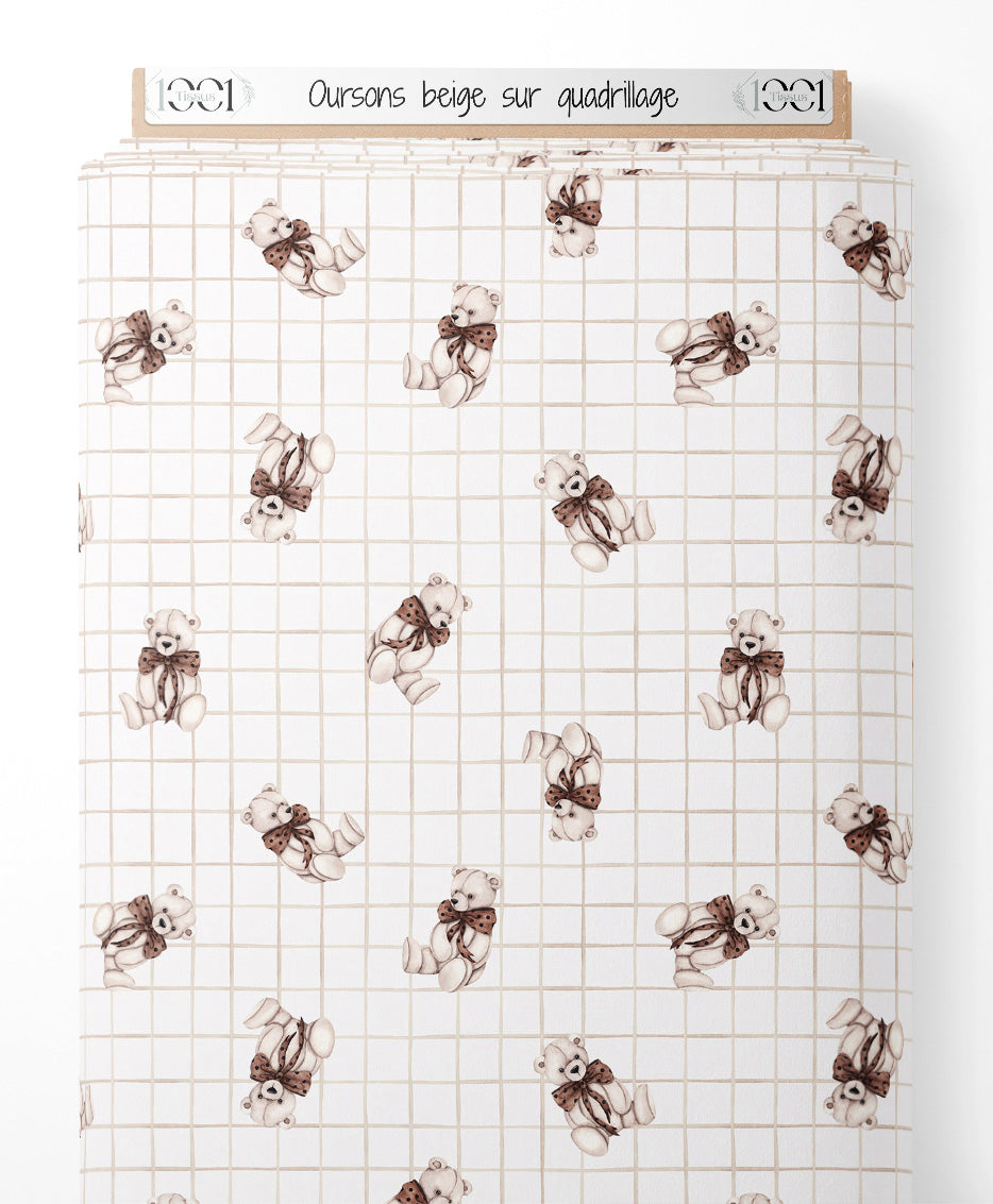 Tissu - Oursons beige sur quadrillage