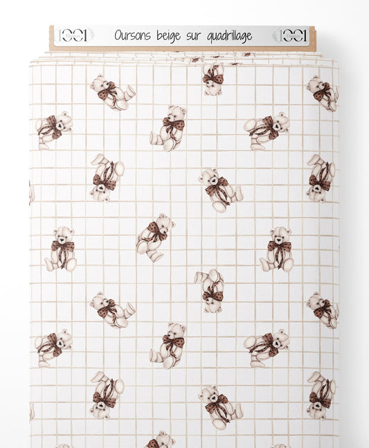 Tissu - Oursons beige sur quadrillage