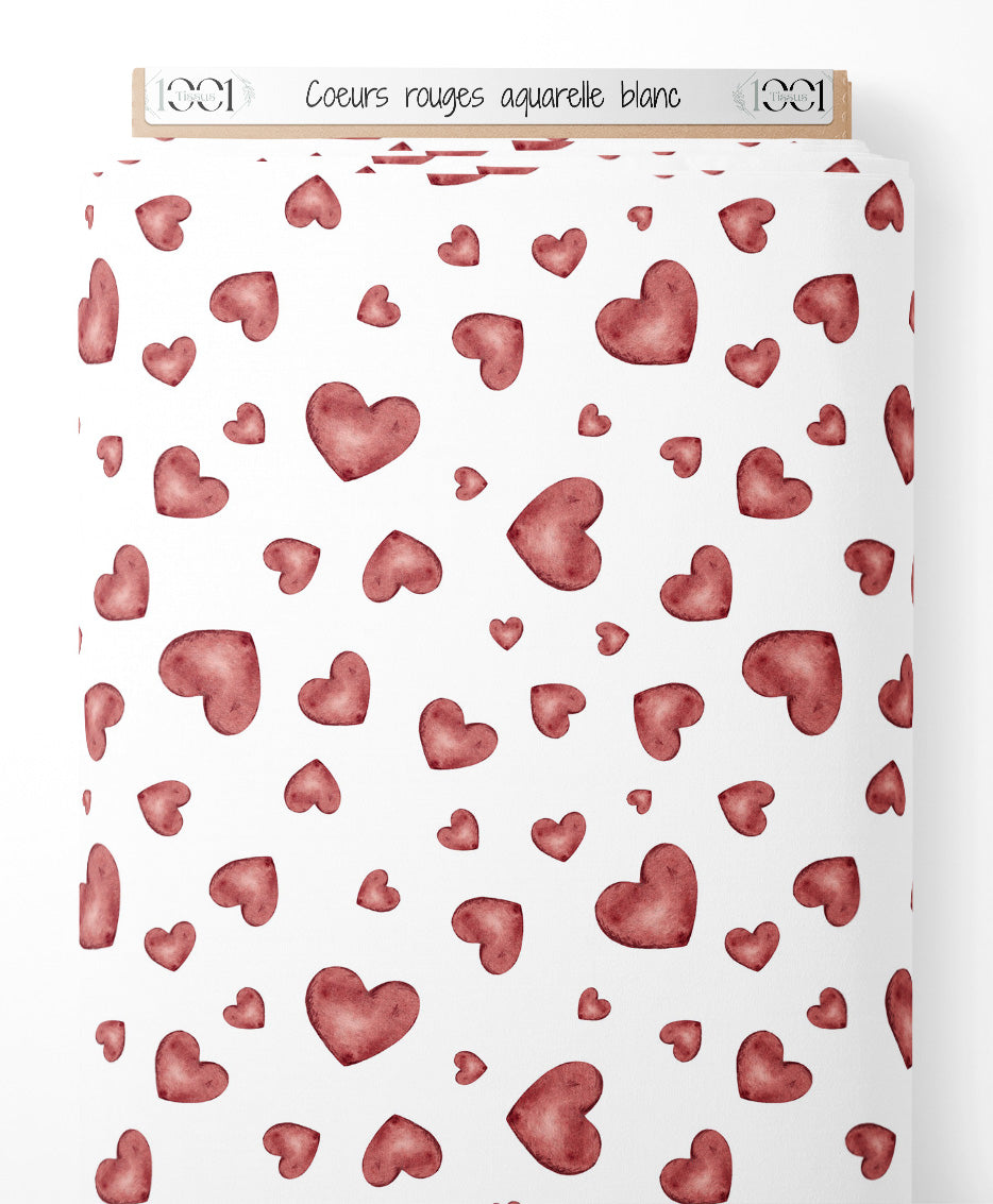 Tissu - Cœurs rouges aquarelle blanc