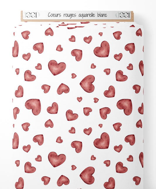 Tissu - Cœurs rouges aquarelle blanc