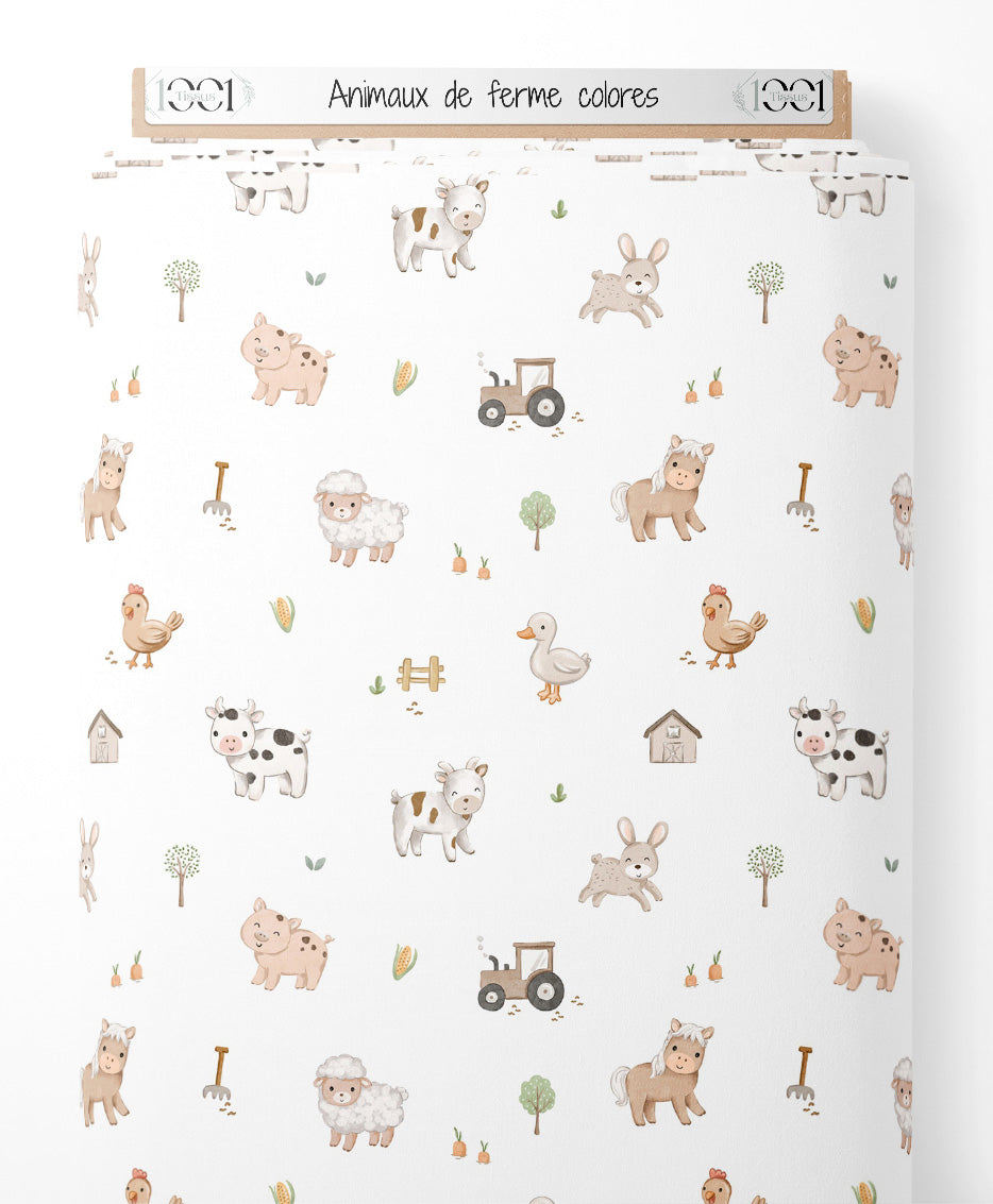 Tissu - Animaux de ferme colorés
