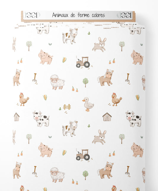 Tissu - Animaux de ferme colorés