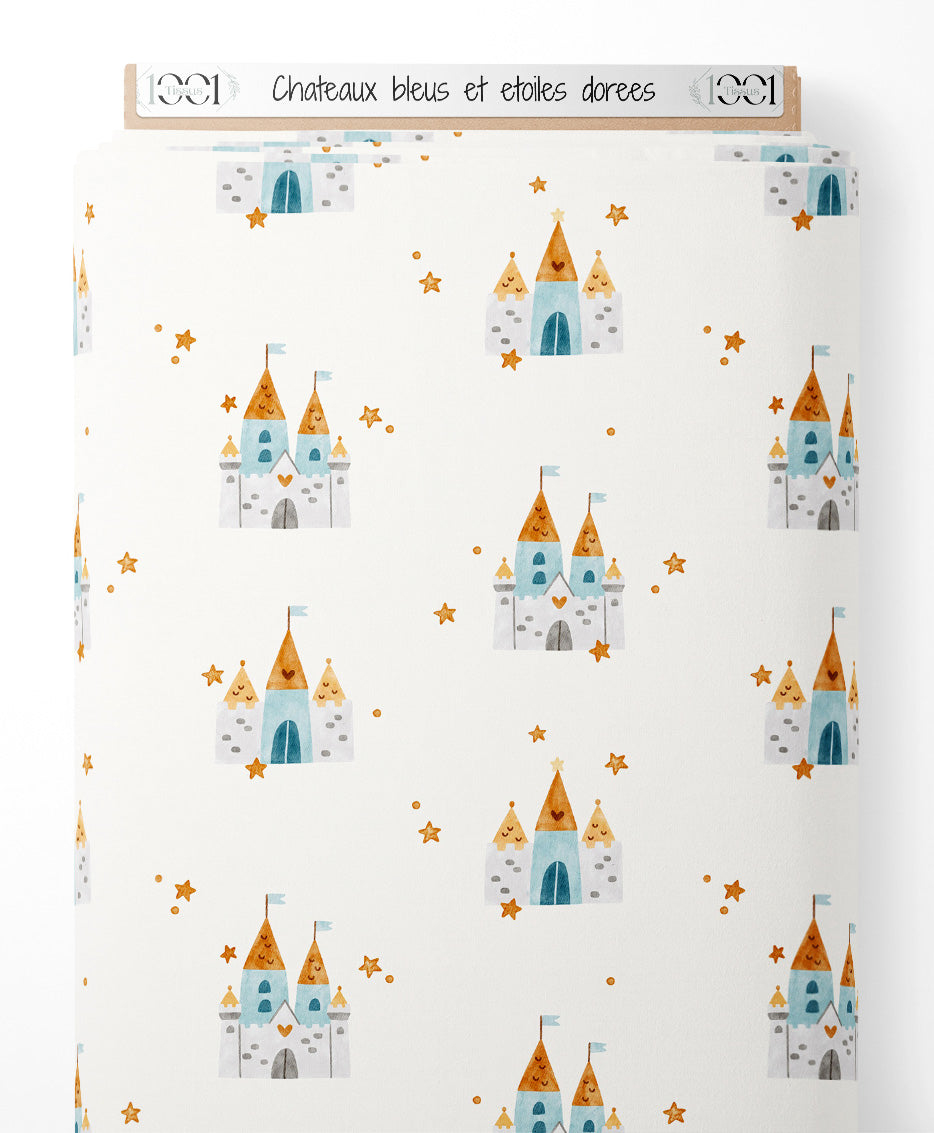 Tissu - Châteaux bleus et étoiles dorées
