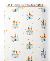 Tissu - Châteaux bleus et étoiles dorées