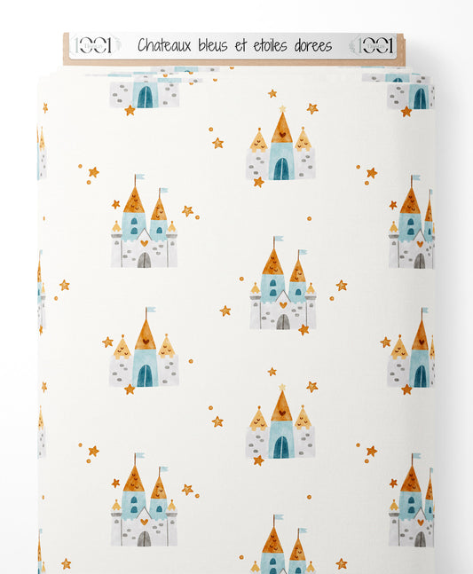 Tissu - Châteaux bleus et étoiles dorées