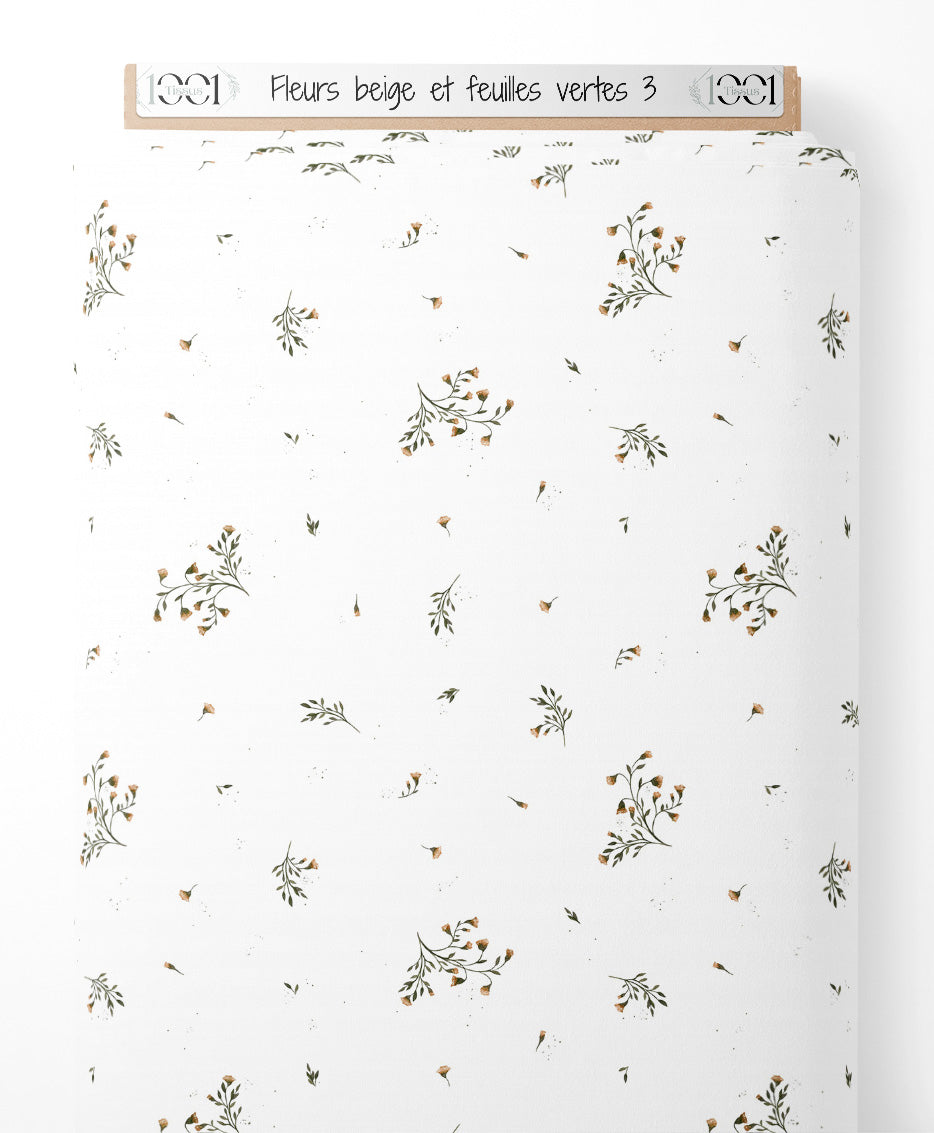 Tissu - Fleurs beige et feuilles vertes 3