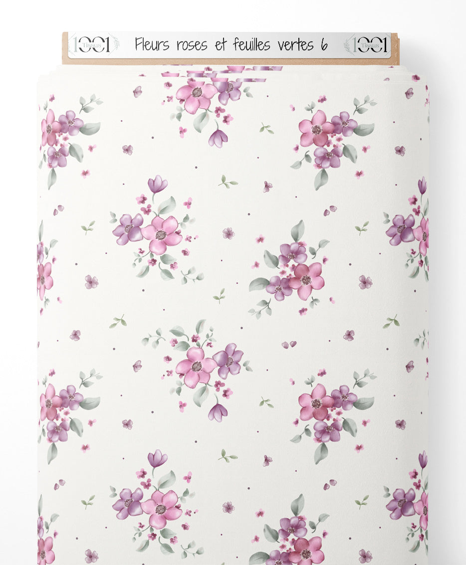 Tissu - Fleurs roses et feuilles vertes 6