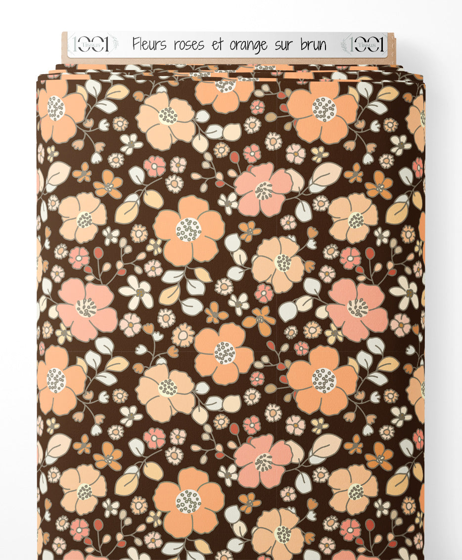 Tissu - Fleurs roses et orange sur brun