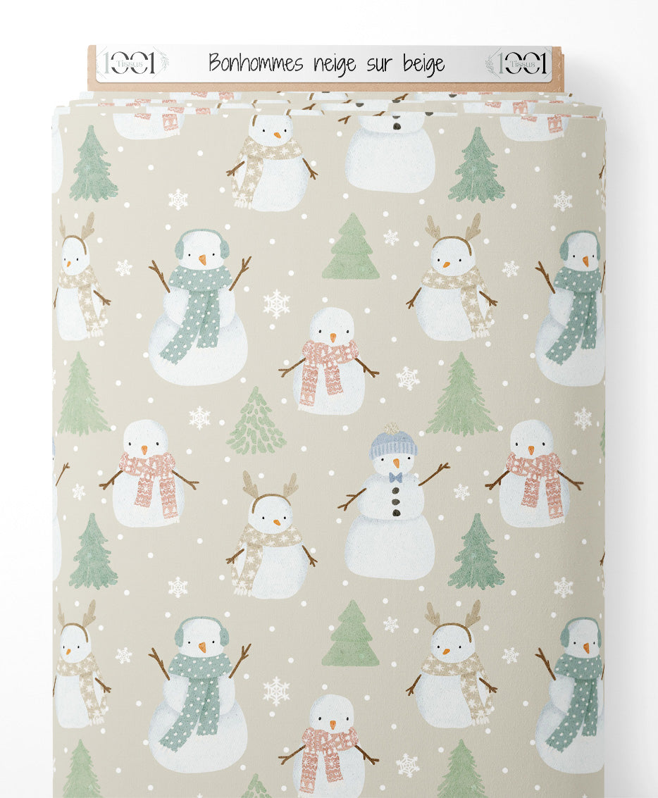 Tissu - Bonhommes neige sur beige