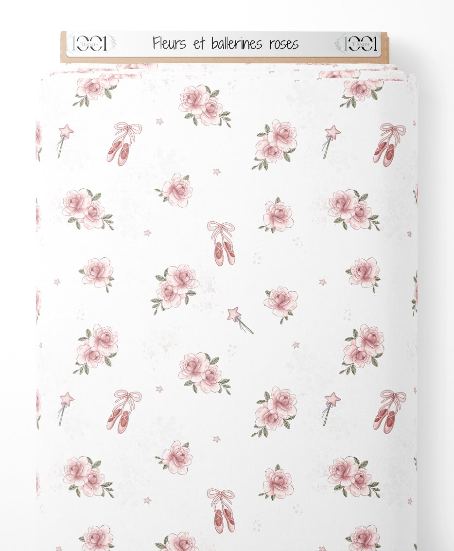 Tissu - Fleurs et ballerines roses