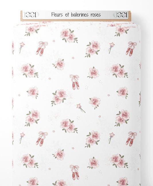 Tissu - Fleurs et ballerines roses