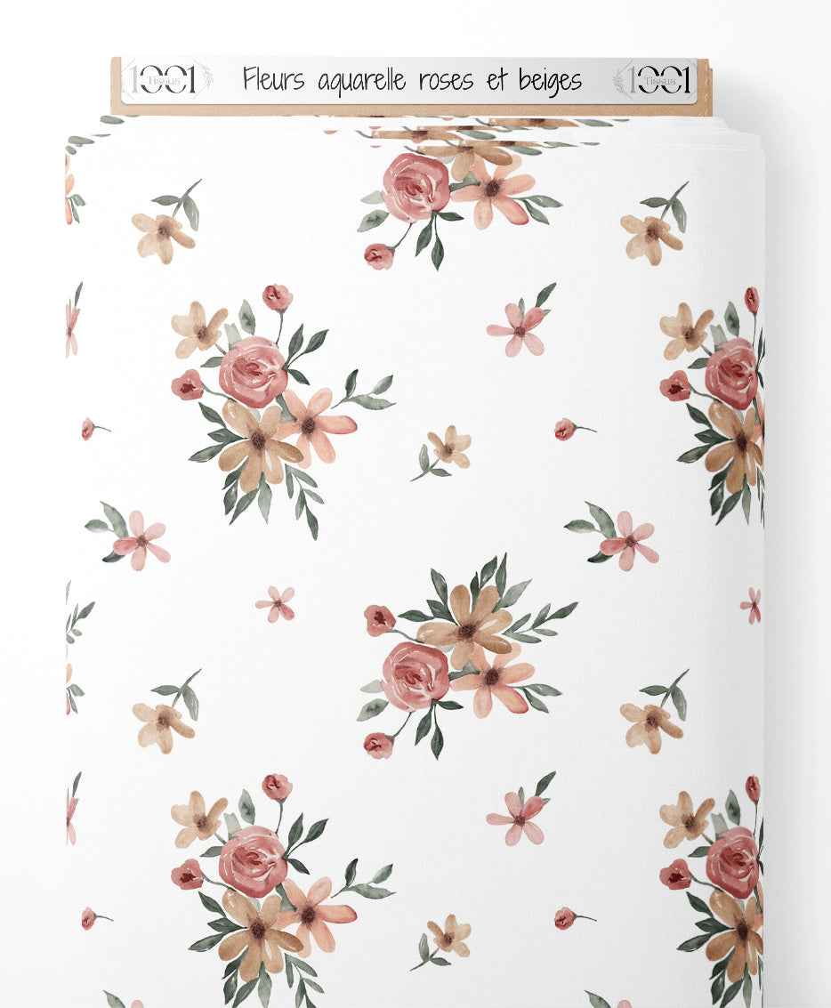 Tissu - Fleurs aquarelle roses et beiges