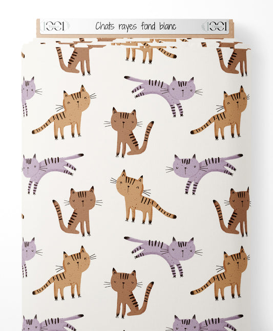 Tissu - Chats rayés sur fond blanc