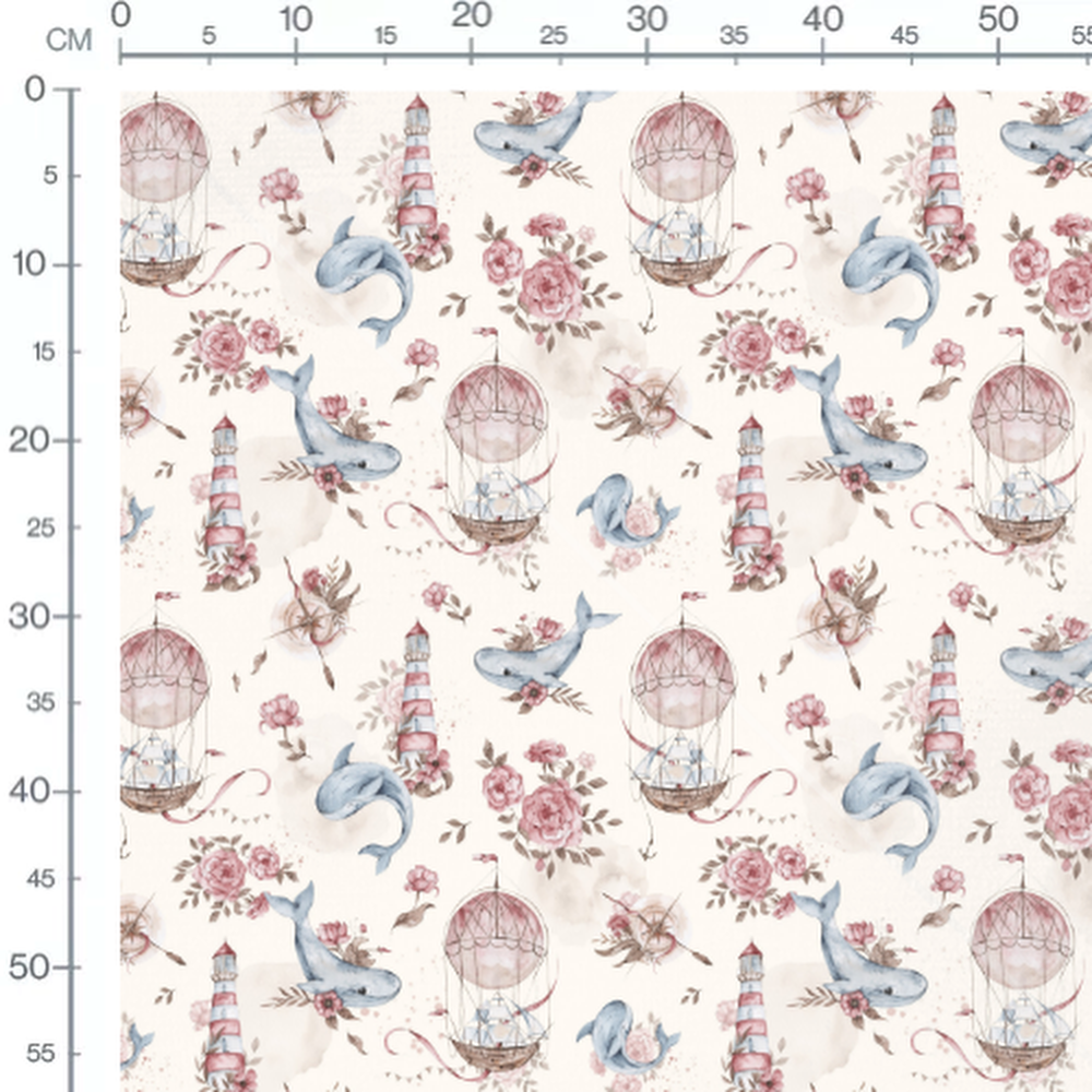 Tissu - Baleines et montgolfières crème