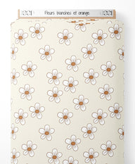 Tissu - Fleurs blanches et orange