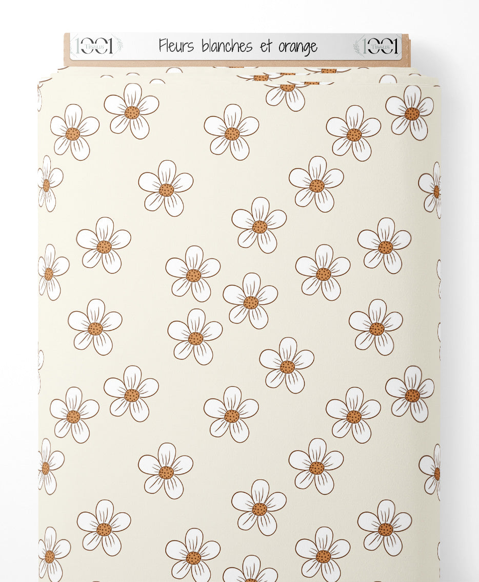 Tissu - Fleurs blanches et orange