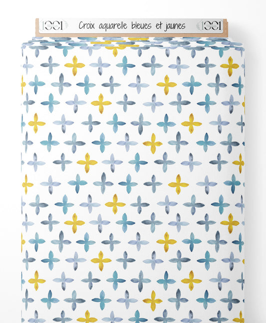 Tissu - Croix aquarelle bleues et jaunes