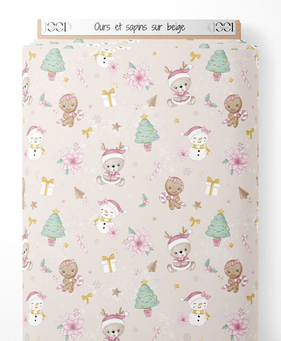 Tissu - Ours et sapins sur beige