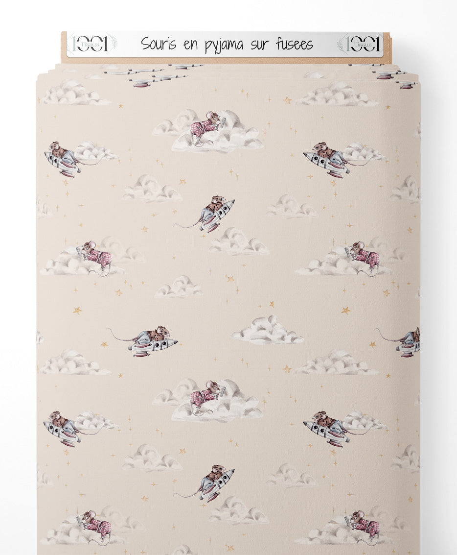 Tissu - Souris en pyjama sur fusées