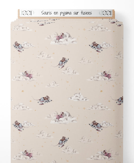 Tissu - Souris en pyjama sur fusées
