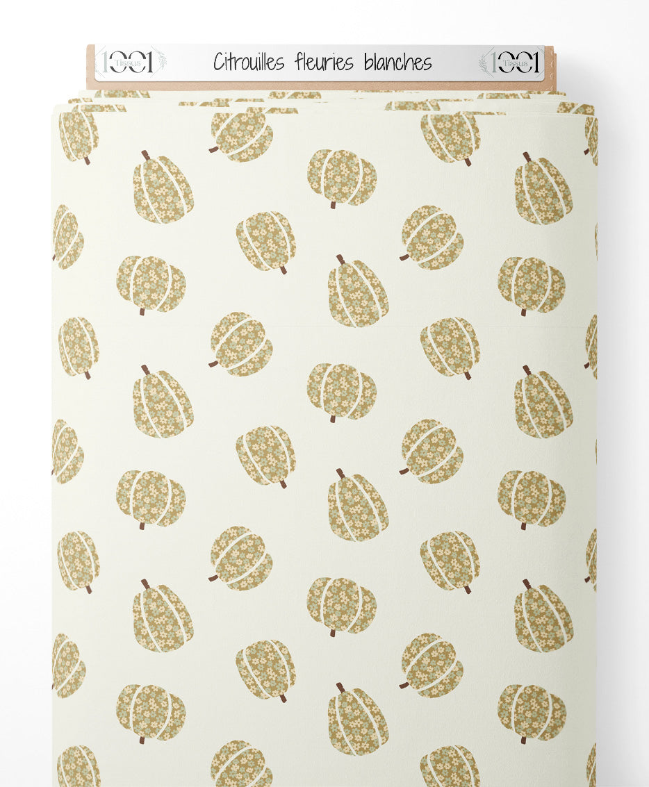 Tissu - Citrouilles fleuries blanches