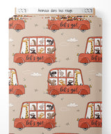 Tissu - Animaux dans bus rouge
