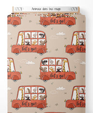 Tissu - Animaux dans bus rouge