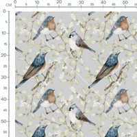 Tissu - Oiseaux et feuillage délicat