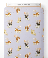 Tissu - Chiots et ballons lilas