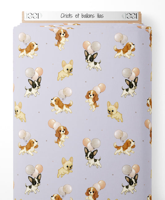 Tissu - Chiots et ballons lilas