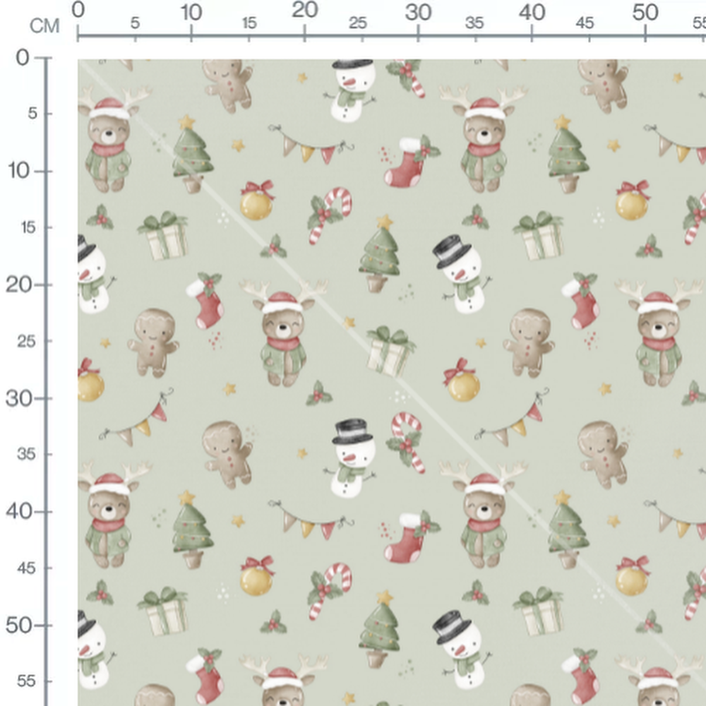 Tissu - Rennes et sapins sur vert clair