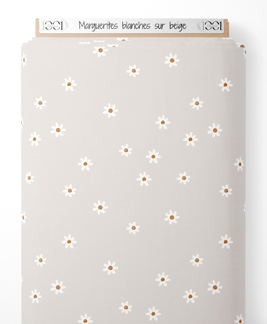 Tissu - Marguerites blanches sur beige