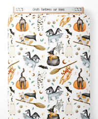 Tissu - Chats fantômes sur blanc