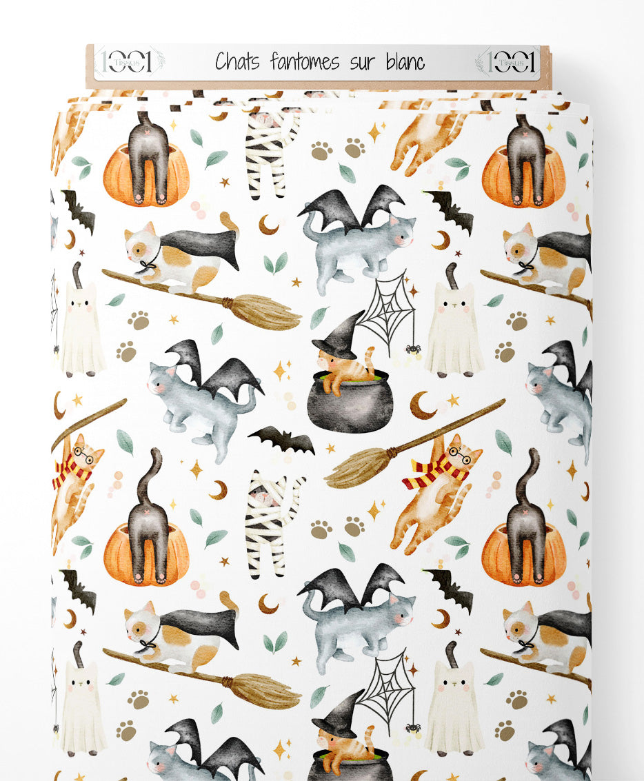 Tissu - Chats fantômes sur blanc