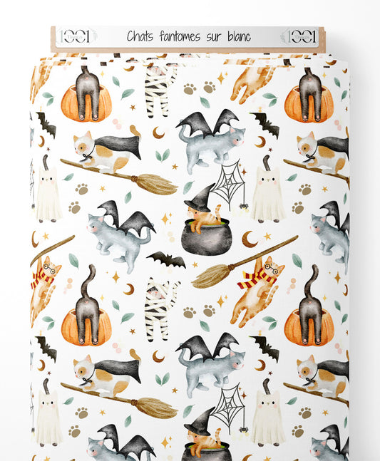 Tissu - Chats fantômes sur blanc
