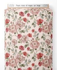 Tissu - Fleurs roses et rouges sur beige