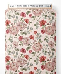 Tissu - Fleurs roses et rouges sur beige