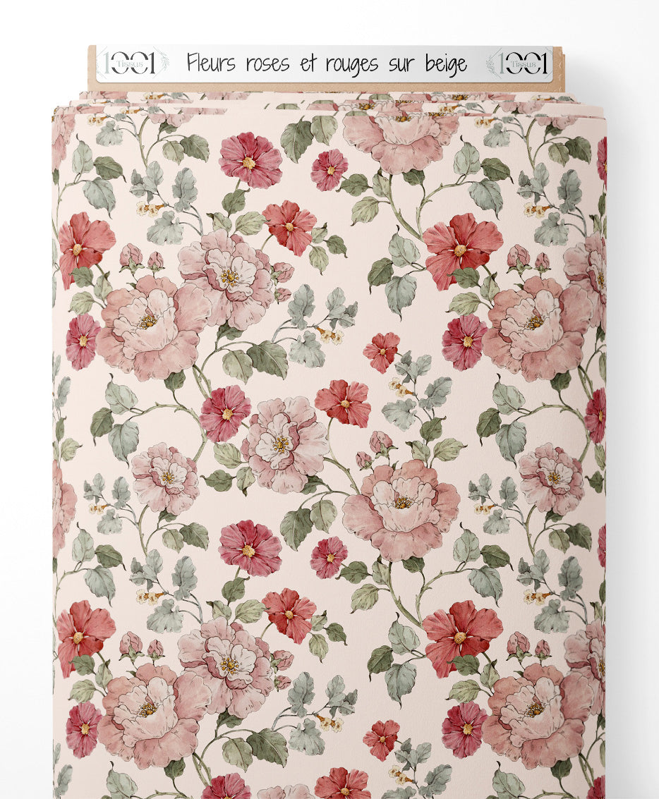 Tissu - Fleurs roses et rouges sur beige