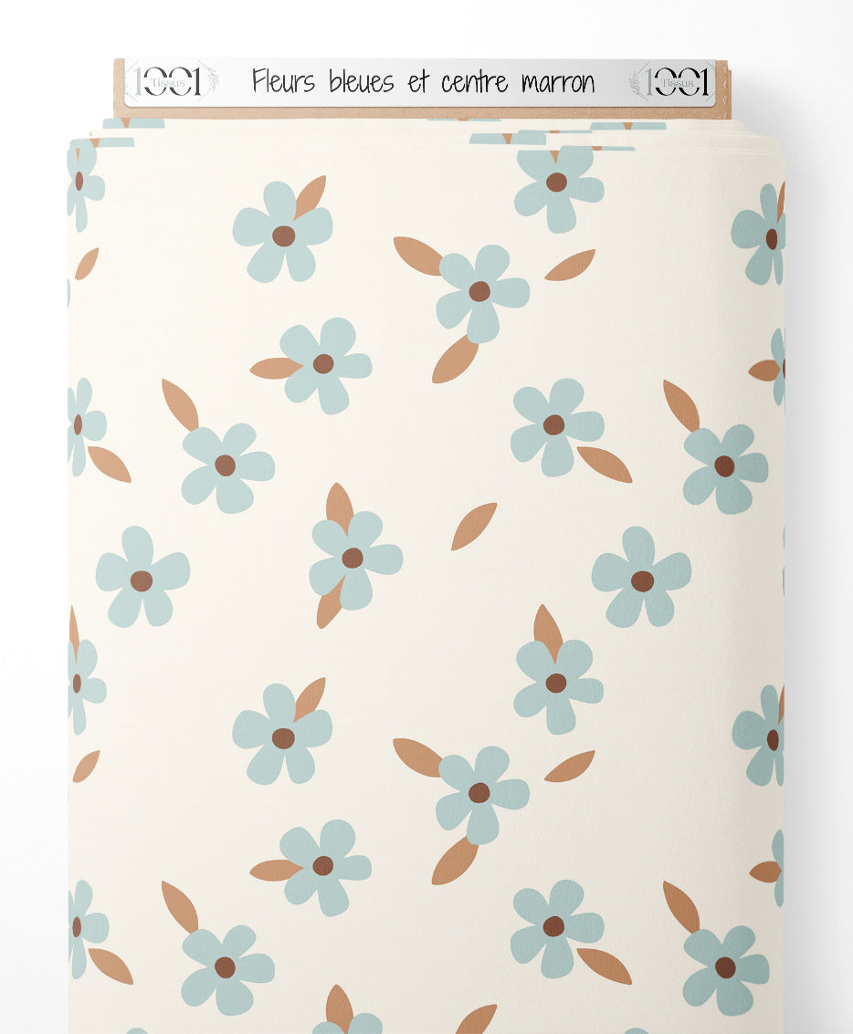 Tissu - Fleurs bleues et centre marron