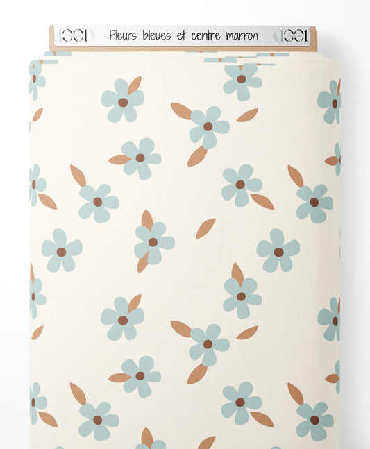 Tissu - Fleurs bleues et centre marron