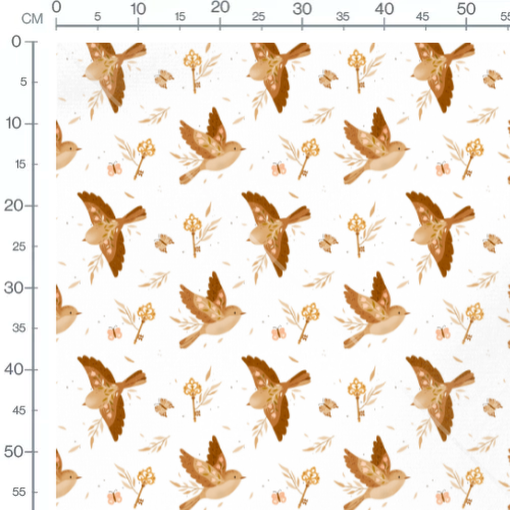 Tissu - Oiseaux bruns et clés dorées