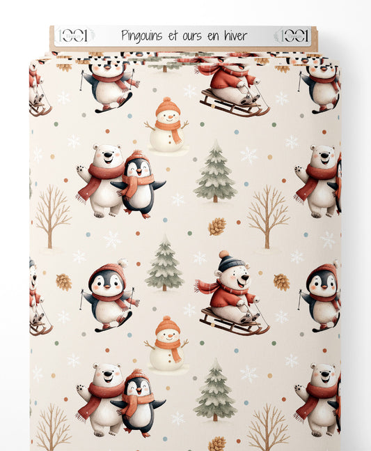 Tissu - Pingouins et ours en hiver
