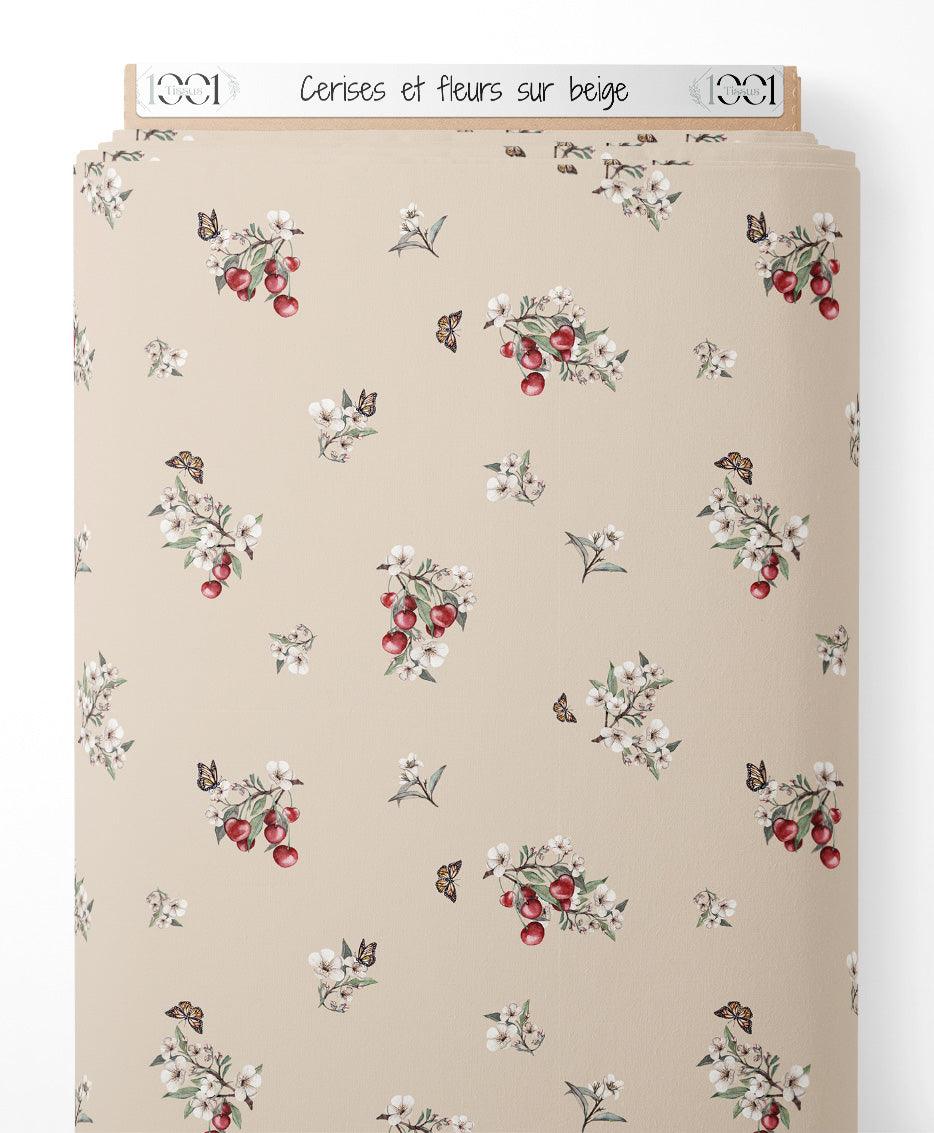 Tissu - Cerises et fleurs sur beige